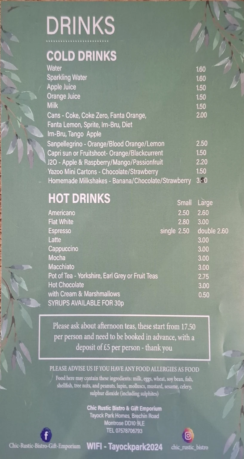 Chic Rustic drinks menu: cold drinks, juices and homemade milkshakes, hot drinks including americano, flat white, latte, cappuccino, mocha, pot of tea and hot chocolate, plus afternoon tea booking information and allergy advice